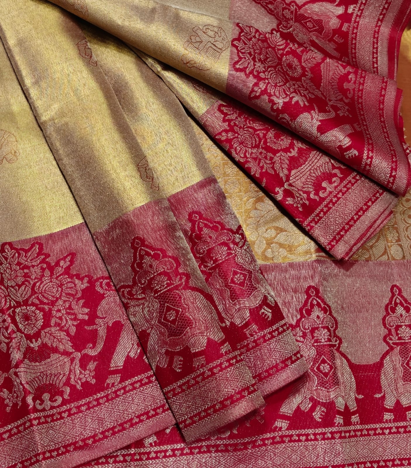 Golden Beige Silk Saree with Red Traditional Zari Border